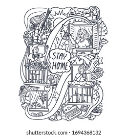Stay home doodles. Man and women talking on the balcony and from window. Hobby at home during quarantine and pandemic. Hand drawn concept illustration.