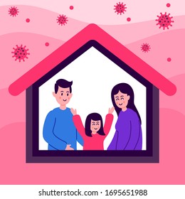 Stay home during coronavirus. Corona virus (COVID-19) campaign to stay at home. Stay at home awareness campaign and coronavirus prevention. Family smiling and staying together. Flat design vector.