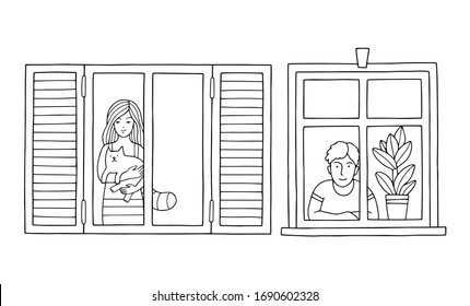 Stay at home during coronavirus covid-19. Person behind the window. Black outline. Perfect for coloring book or a page. Woman with a cat. Man with a plant.