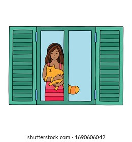 Stay at home during coronavirus covid-19. Person behind the window. Black woman with a cat. Woman of color.