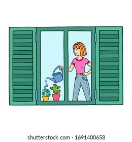 Stay at home during coronavirus covid-19. Person behind the window. While woman watering her plants.