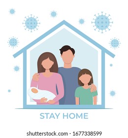 Stay home during the coronavirus epidemic. Family staying at home in self quarantine, protection from virus. Coronavirus outbreak concept. Vector illustration in flat style