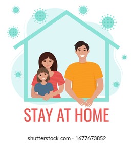 Stay home during the coronavirus epidemic. Family staying at home in self quarantine, protection from virus. Coronavirus outbreak concept. Vector illustration in flat style