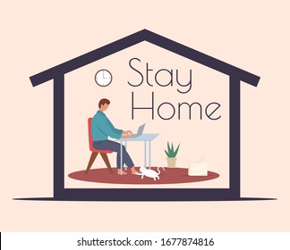 Stay home during the coronavirus epidemic. Staying at home in self quarantine, protection from virus. Coronavirus outbreak concept. Vector illustration. Creative comfort loft workplace with mood board
