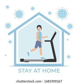 Stay home during the coronavirus epidemic. Woman on running treadmill in gym at home in self quarantine, protection from virus. Coronavirus outbreak concept. Vector illustration in flat style