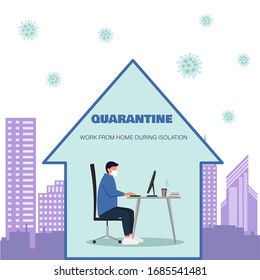 Stay home during the coronavirus epidemic. Man staying at home in self quarantine, protection from virus. Coronavirus outbreak concept. Vector illustration in flat style.