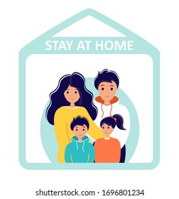 Stay home during the coronavirus epidemic. Family staying at home in self quarantine, protection from virus. Coronavirus outbreak concept. Vector illustration in flat style. Self-isolation.
