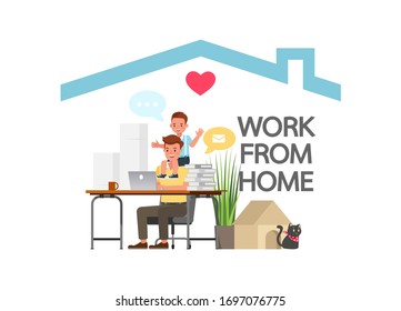 Stay home during the coronavirus epidemic. Social distancing, self-isolation concept. Man working at home. Character vector design.