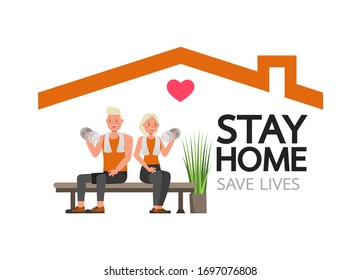 Stay home during the coronavirus epidemic. Social distancing, self-isolation concept. Man and woman in fitness exercise at home. Character vector design. 