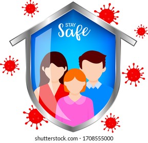 Stay home during the coronavirus epidemic. Family staying at home in self quarantine, protection from virus. Coronavirus outbreak concept.