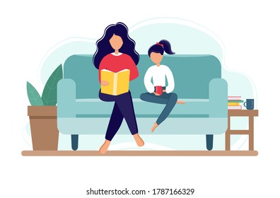 Stay home during the coronavirus epidemic. Mom reading for her daughter on the couch. Family sitting on the sofa with book. Vector illustration in flat style for mother's day. Self-isolation.