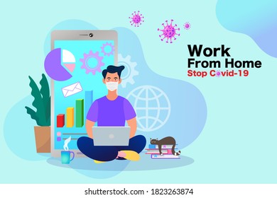 Stay at home during the coronavirus epidemic. Female employee works from home. Vector illustration in flat style.