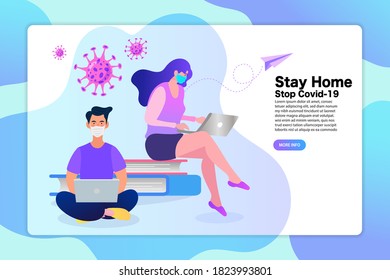 Stay at home during the coronavirus epidemic. People works from home. Vector illustration in flat style.