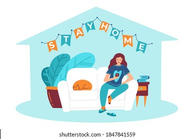 Stay at home during the coronavirus epidemic. Girl communicates with friends on social networks during quarantine, isolation. Design concept poster, banner, flat style illustration. Vector