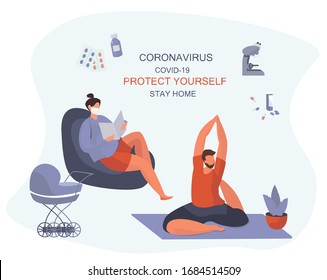 Stay Home During Epidemic.Working from home.People Keeping Distance for Decrease Infection Risk For Prevent Virus Covid-19.
Stay Home on Quarantine During the Coronavirus Epidemic.Vector Illustration