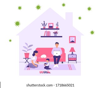 Stay home during an outbreak of COVID-19 virus. The family stays home to prevent the spread of infection. Protect yourself. Home schooling. Remote work. Healthcare concept. Flat illustration. 