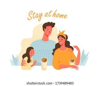 Stay at home during the Pandemic Covid19 creative concept. Happy family spending time together. Modern flat vector illustration for design templates, banners, apps, landing pages.