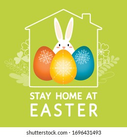 Stay home at Easter - motivational quote to stay safe, healthy during covid-19 pandemic quarantine. Cute cartoon bunny, bright colorful eggs, traditional pattern, home, grass, green background, vector