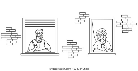 stay home elderly couple. elderly couple looking for a house. The facade of the house with open windows. Neighbors man and woman drink coffee. Self-isolation, quarantine during COVID-19. Stay home