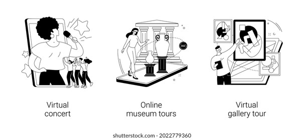 Stay home entertainment abstract concept vector illustration set. Virtual concert, online museum tour, virtual gallery tour, art therapy, leasure time, online education, live stream abstract metaphor.