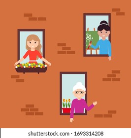 Stay at home. Facade with windows. People look out of apartment. Self isolation, quarantine due to coronavirus. Vector illustration.