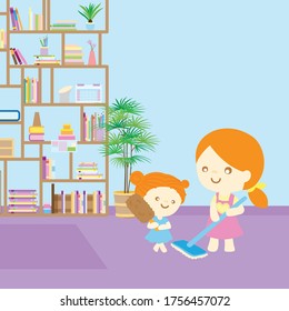 Stay at Home Family cleaning house. mother and kid cleaning living room together. cartoon vector illustration