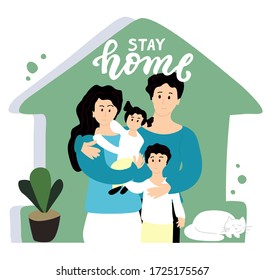 Stay home family concept. Mom and dad with their children: daughter and son. Family with two children and cat. Cute flat characters. Family sitting home. Quarantine or self-isolation. Self care