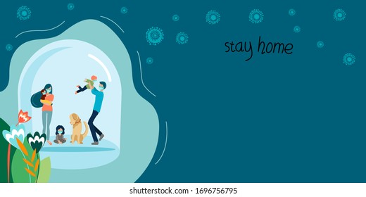 Stay home, family concept, self-defense quarantine, pandemic sign of coronavirus. People in white medical mask, quarantine, coronavirus. Family smiling and staying together