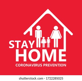 Stay home with family flat design_coronavirus covid 19 prevention concept_vector illustration on red background