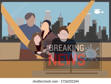 Stay at home with the family, follow the Corona virus news on tv.The family that is ready to live together in the house.Parents, sons, and daughters are interested in breaking news. flat vector .