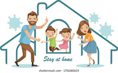 Stay at home family. Gesture of wave to greet, point and thumbs up. Campaign and coronavirus prevention family smiling and staying together. Concept for stay at home. House simple symbols. Vector