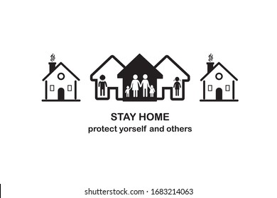 Stay home with family icon.stay home-protect yourself and others.. Stay home coronavirus awareness quarantine and social distancing measures to prevent virus spread sign