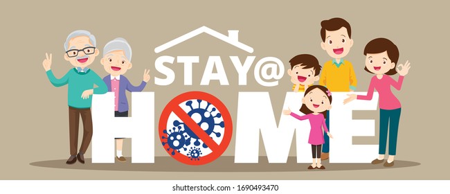 Stay at home with family protective self for prevent coronavirus Wuhan Covid-19.Dad Mom Daughter Son grandparent campaign to stay at home ,lifestyle activity that you can do at home to stay healthy.