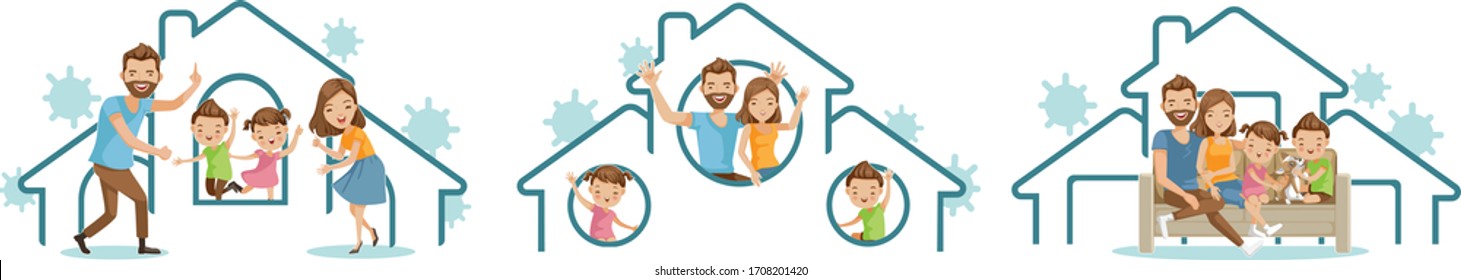 Stay at home family set. Campaign and coronavirus prevention family smiling and staying together. Concept for stay at home. House simple symbols. Vector Illustration. 