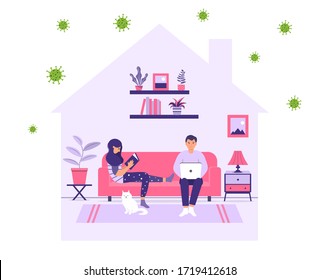 Stay home. A family is sitting at home for fear of contracting a coronavirus. Healthcare concept. Quarantine or self-isolation. Global viral epidemic or pandemic. Cute vector illustration. 