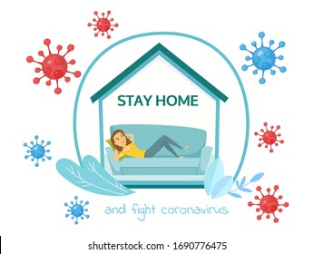 Stay home. Family sitting home. Quarantine or self-isolation. Health care. Fears of getting coronavirus. Global viral epidemic or pandemic. Lifestyle activity that you can do at home to stay healthy.