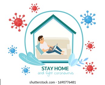 Stay home. Family sitting home. Quarantine or self-isolation. Health care. Fears of getting coronavirus. Global viral epidemic or pandemic. Lifestyle activity that you can do at home to stay healthy.
