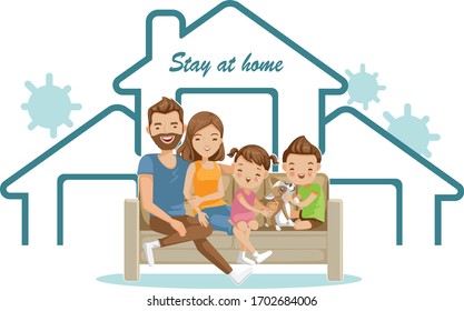 Stay at home family. Sitting together on the sofa in the living room. Campaign and coronavirus prevention family smiling and staying together. Concept for stay at home. House simple symbols. Vector