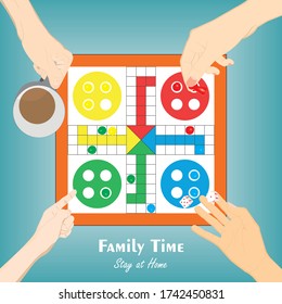 Stay at home. Family spending time together at home to playing ludo. Close up view of Hands are playing Ludo together and some are enjoying a cup of coffee.