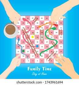 Stay At Home. Family Spending Time Together At Home To Playing Snakes And Ladders. Close Up View Of Hands Are Playing Snakes And Ladders Together And Some Are Enjoying A Cup Of Coffee.