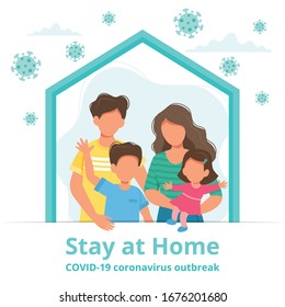Stay At Home. Family Staying At Home In Self Quarantine, Protection From Virus. Coronavirus Outbreak Concept. Vector Illustration In Flat Style