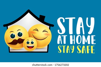 Stay at home family vector quarantine campaign. Stay at home stay safe text with faces in house for quarantine corona virus covid-19 prevention in blue background. Vector illustration. 
