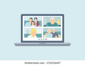 Stay Home. Family Video Call. Family, Grandparents, Child, Grandfather. Coronavirus Pandemic Online Communication, Quarantine Isolation. Flat Vector.