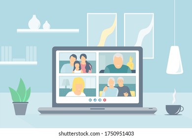 Stay home. Family video call. Family, grandparents, child, grandfather. Coronavirus pandemic online communication, quarantine isolation. Flat vector.