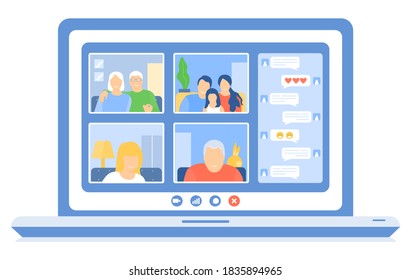 Stay home. Family video call. Family, grandparents, child, grandfather. Coronavirus pandemic online communication, quarantine isolation. Flat vector.