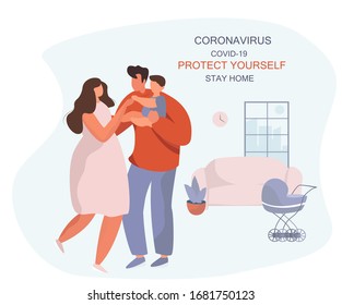 Stay Home with Family.Protect Yourself.Family keeping Distance for Decrease Infection Risk For Prevent Virus Covid-19.Stay Home on Quarantine During the Coronavirus Epidemic.Vector Flat Illustration