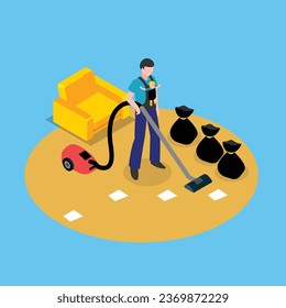 Stay home father cleaning house while carrying baby 3d vector concept for banner, website, illustration, landing page, flyer, etc