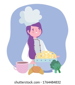 stay at home, female chef with noodle bread broccoli cartoon, cooking quarantine activities vector illustration