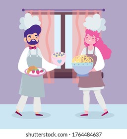 stay at home, female and male chef dessert food cartoon, cooking quarantine activities vector illustration