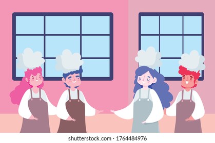 stay at home, female and male chefs character cartoon, cooking quarantine activities vector illustration